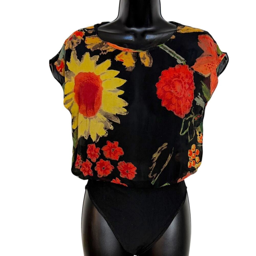VTG 80s 90s DOROTHY SCHOELEN PLATINUM SHEER BLOUSE BODYSUIT SUNFLOWER RETRO SZ S